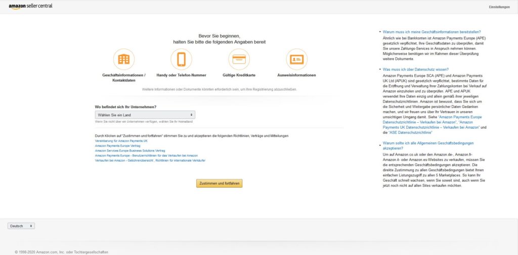 Schritt 1 der Anmeldung bei amazon seller central